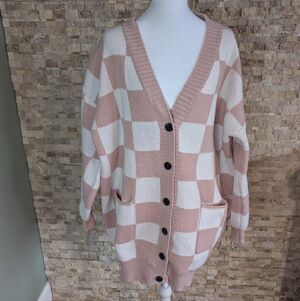 Blush Cream Checkered Cardigan Sweater Oversized Cozy Knit Coquette Soft Girl S